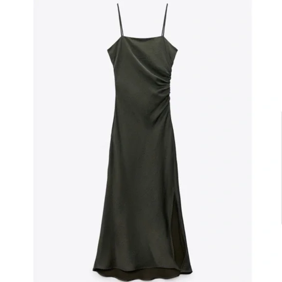 zara green ruched dress NWT ZARA Ruched Linen/Viscose Blend Midi Dress Green 8049/729 Sizes XS, S,  M, L
